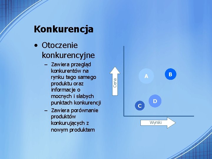 Konkurencja • Otoczenie konkurencyjne B A Cena – Zawiera przegląd konkurentów na rynku tego