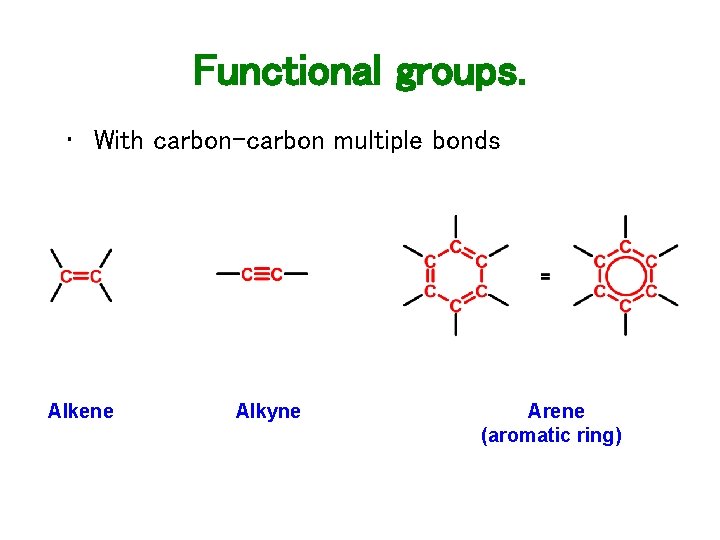 Functional groups. • With carbon-carbon multiple bonds Alkene Alkyne Arene (aromatic ring) Functional groups. • With carbon-carbon multiple bonds Alkene Alkyne Arene (aromatic ring)