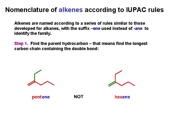 Nomenclature of alkenes according to IUPAC rules Alkenes are named according to a series Nomenclature of alkenes according to IUPAC rules Alkenes are named according to a series