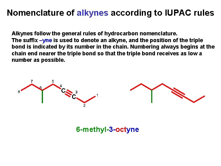 Nomenclature of alkynes according to IUPAC rules Alkynes follow the general rules of hydrocarbon