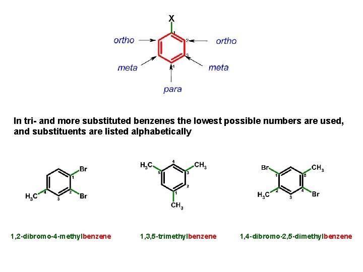 In tri- and more substituted benzenes the lowest possible numbers are used, and substituents In tri- and more substituted benzenes the lowest possible numbers are used, and substituents