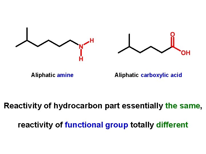 Aliphatic amine Aliphatic carboxylic acid Reactivity of hydrocarbon part essentially the same, reactivity of