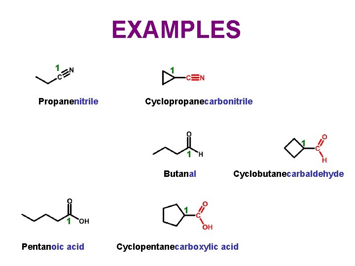 EXAMPLES 1 1 Propanenitrile Cyclopropanecarbonitrile 1 1 Butanal Cyclobutanecarbaldehyde 1 1 Pentanoic acid Cyclopentanecarboxylic