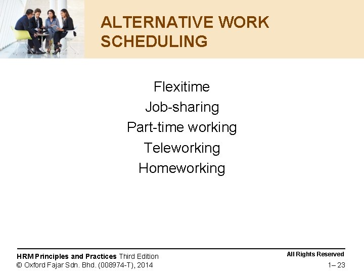 ALTERNATIVE WORK SCHEDULING Flexitime Job-sharing Part-time working Teleworking Homeworking HRM Principles and Practices Third