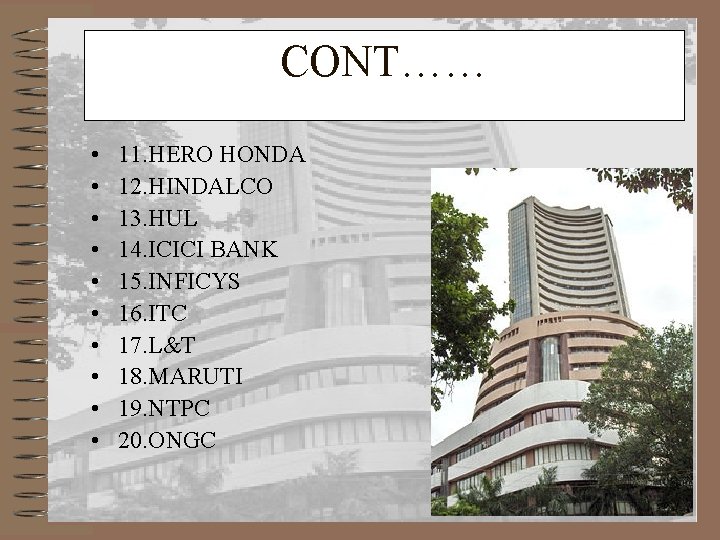 CONT…… • • • 11. HERO HONDA 12. HINDALCO 13. HUL 14. ICICI BANK