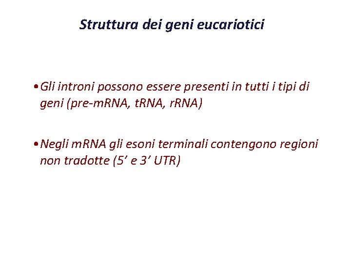 Struttura dei geni eucariotici • Gli introni possono essere presenti in tutti i tipi