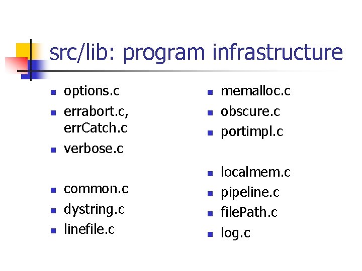 src/lib: program infrastructure n n n options. c errabort. c, err. Catch. c verbose. src/lib: program infrastructure n n n options. c errabort. c, err. Catch. c verbose.