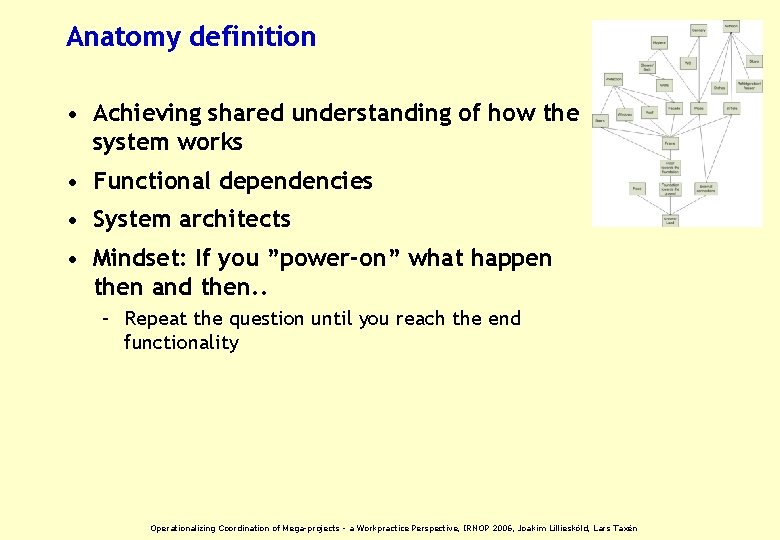 Anatomy definition • Achieving shared understanding of how the system works • Functional dependencies