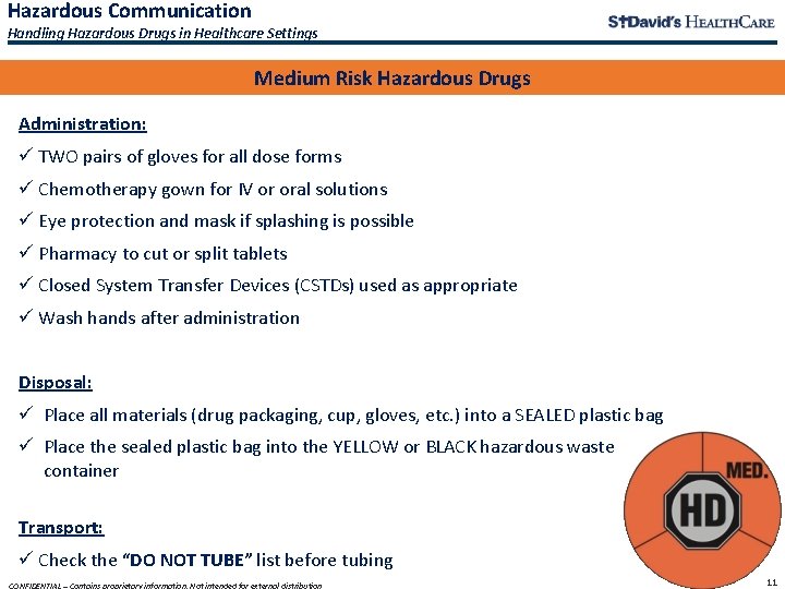 Hazardous Communication Handling Hazardous Drugs in Healthcare Settings Medium Risk Hazardous Drugs Administration: ü Hazardous Communication Handling Hazardous Drugs in Healthcare Settings Medium Risk Hazardous Drugs Administration: ü