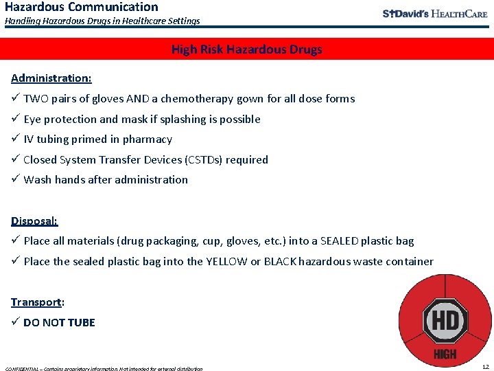 Hazardous Communication Handling Hazardous Drugs in Healthcare Settings High Risk Hazardous Drugs Administration: ü Hazardous Communication Handling Hazardous Drugs in Healthcare Settings High Risk Hazardous Drugs Administration: ü