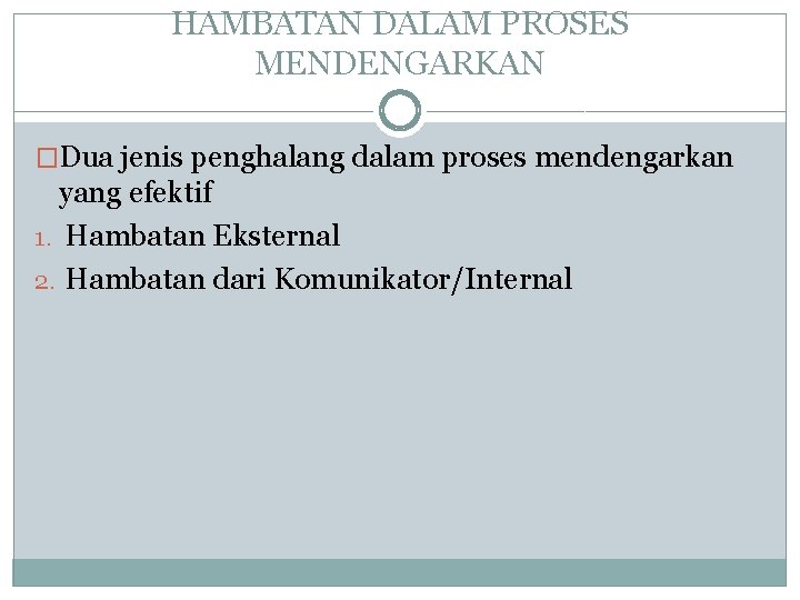 HAMBATAN DALAM PROSES MENDENGARKAN �Dua jenis penghalang dalam proses mendengarkan yang efektif 1. Hambatan