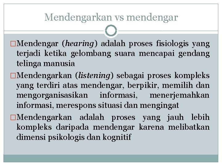 Mendengarkan vs mendengar �Mendengar (hearing) adalah proses fisiologis yang terjadi ketika gelombang suara mencapai