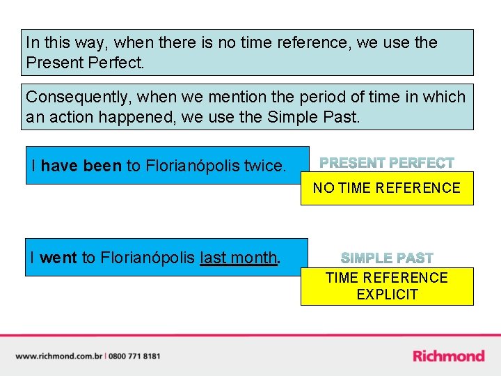 In this way, when there is no time reference, we use the Present Perfect.