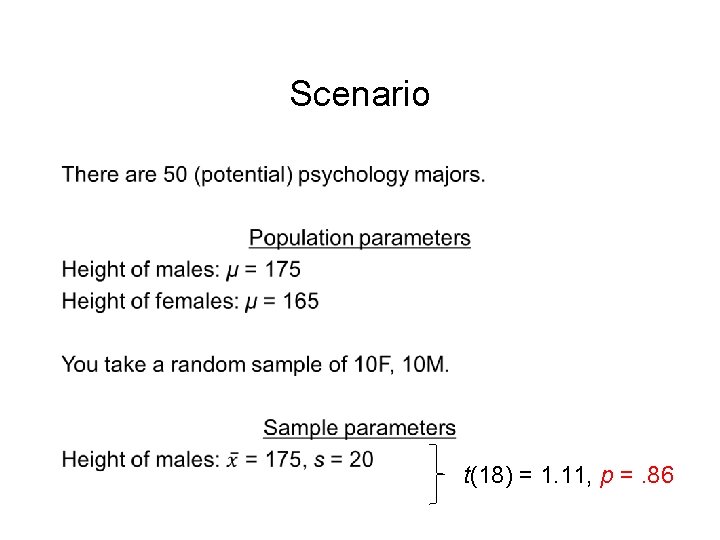 Scenario • t(18) = 1. 11, p =. 86 