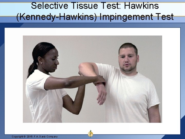 Selective Tissue Test: Hawkins (Kennedy-Hawkins) Impingement Test Copyright © 2015. F. A. Davis Company