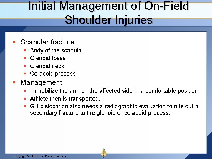 Initial Management of On-Field Shoulder Injuries § Scapular fracture § § Body of the