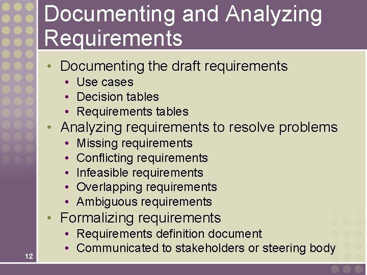 Documenting and Analyzing Requirements • Documenting the draft requirements • Use cases • Decision Documenting and Analyzing Requirements • Documenting the draft requirements • Use cases • Decision