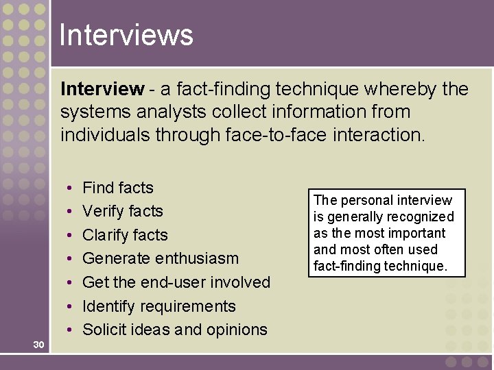 Interviews Interview - a fact-finding technique whereby the systems analysts collect information from individuals Interviews Interview - a fact-finding technique whereby the systems analysts collect information from individuals