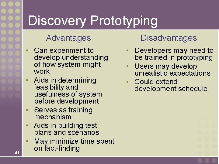 Discovery Prototyping 41 Advantages Disadvantages • Can experiment to develop understanding of how system Discovery Prototyping 41 Advantages Disadvantages • Can experiment to develop understanding of how system