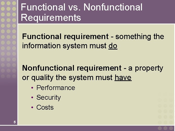 Functional vs. Nonfunctional Requirements Functional requirement - something the information system must do Nonfunctional Functional vs. Nonfunctional Requirements Functional requirement - something the information system must do Nonfunctional