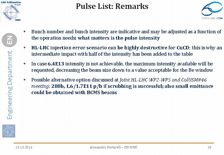 Engineering Department EN Pulse List: Remarks § Bunch number and bunch intensity are indicative