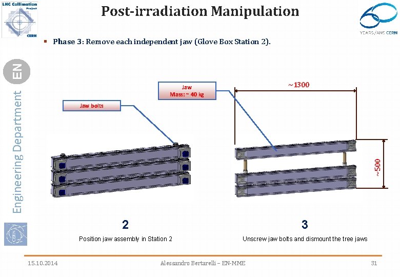 Post-irradiation Manipulation Engineering Department EN § Phase 3: Remove each independent jaw (Glove Box