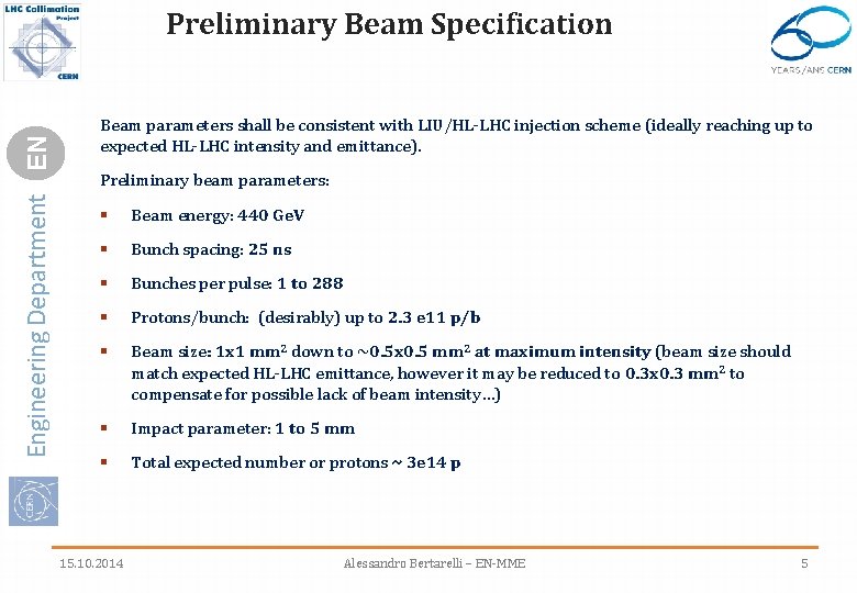 Engineering Department EN Preliminary Beam Specification Beam parameters shall be consistent with LIU/HL-LHC injection