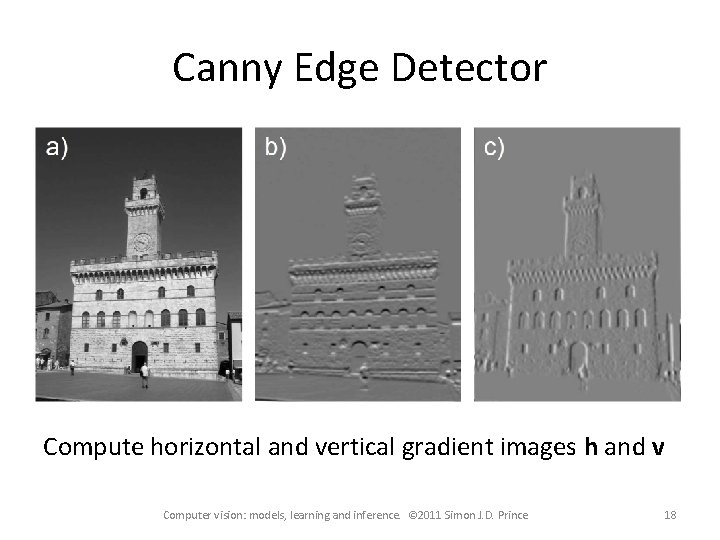 Canny Edge Detector Compute horizontal and vertical gradient images h and v Computer vision: