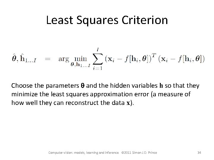 Least Squares Criterion Choose the parameters q and the hidden variables h so that