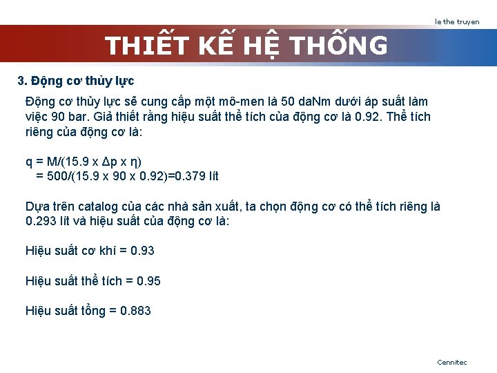 le the truyen THIẾT KẾ HỆ THỐNG 3. Động cơ thủy lực sẽ cung