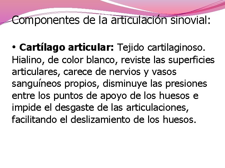Componentes de la articulación sinovial: • Cartílago articular: Tejido cartilaginoso. Hialino, de color blanco,