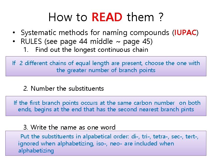 How to READ them ? • Systematic methods for naming compounds (IUPAC) • RULES