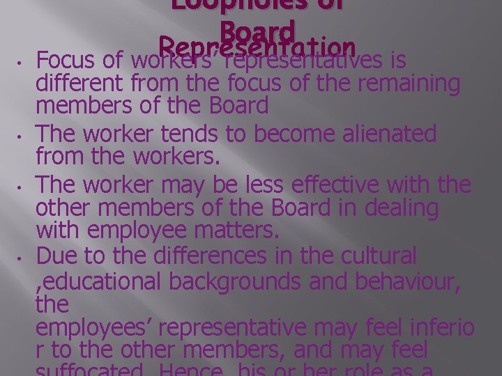  • • Loopholes of Board Representation Focus of workers’ representatives is different from