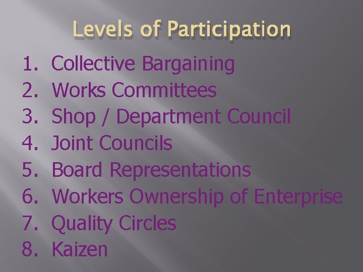 Levels of Participation 1. 2. 3. 4. 5. 6. 7. 8. Collective Bargaining Works