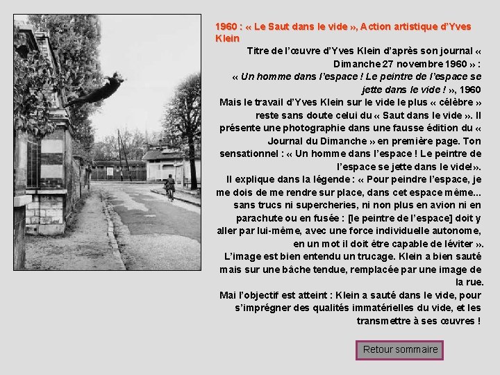 1960 : « Le Saut dans le vide » , Action artistique d’Yves Klein