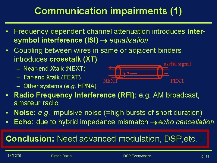 Communication impairments (1) • Frequency-dependent channel attenuation introduces intersymbol interference (ISI) equalization • Coupling