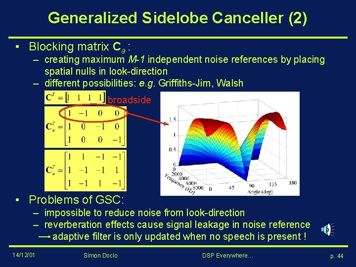 Generalized Sidelobe Canceller (2) • Blocking matrix Ca : – creating maximum M-1 independent Generalized Sidelobe Canceller (2) • Blocking matrix Ca : – creating maximum M-1 independent