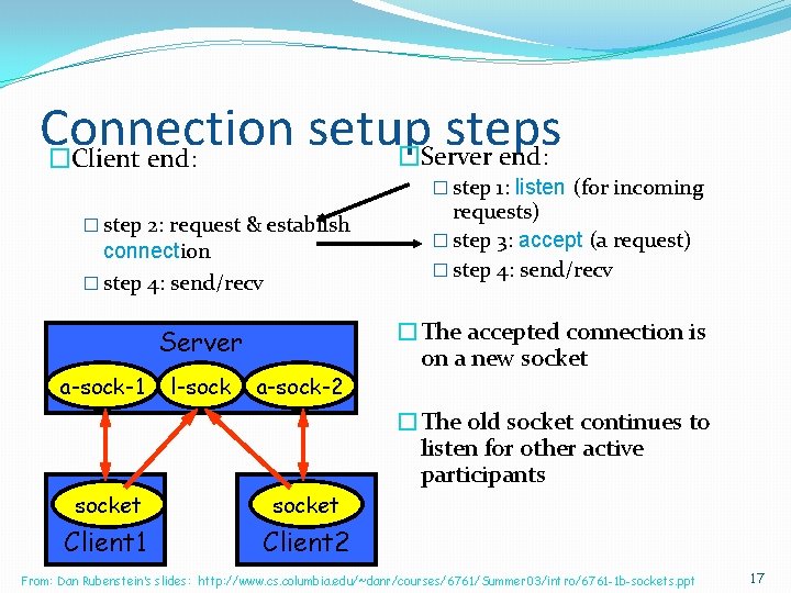 Connection setup steps �Server end: �Client end: � step 1: listen (for incoming �