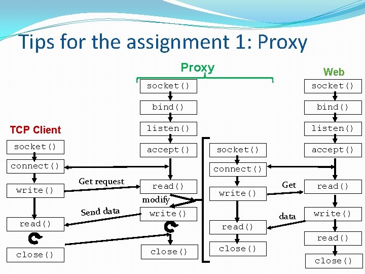 Tips for the assignment 1: Proxy Web socket() bind() TCP Client listen() socket() accept()