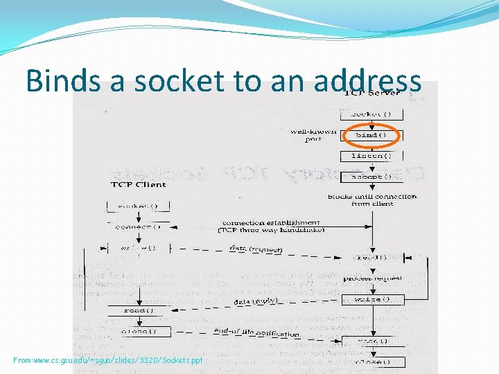 Binds a socket to an address From: www. cs. gsu. edu/~sguo/slides/3320/Sockets. ppt 
