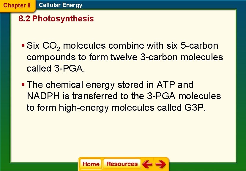 Chapter 8 Cellular Energy 8. 2 Photosynthesis § Six CO 2 molecules combine with