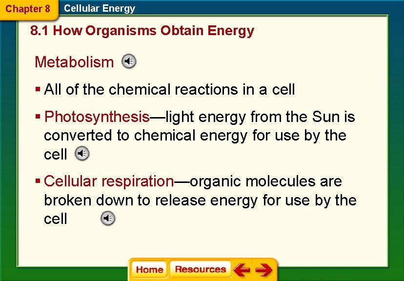 Chapter 8 Cellular Energy 8. 1 How Organisms Obtain Energy Metabolism § All of