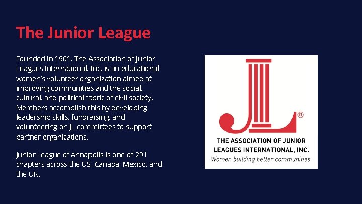 The Junior League Founded in 1901, The Association of Junior Leagues International, Inc. is