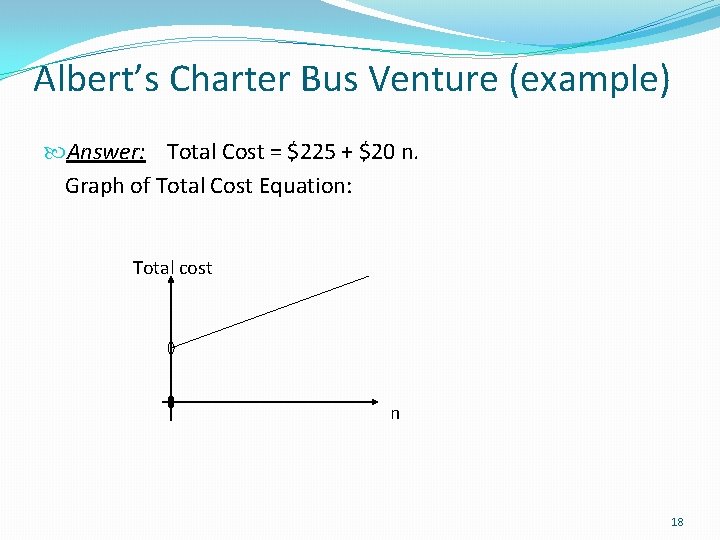Albert’s Charter Bus Venture (example) Answer: Total Cost = $225 + $20 n. Graph