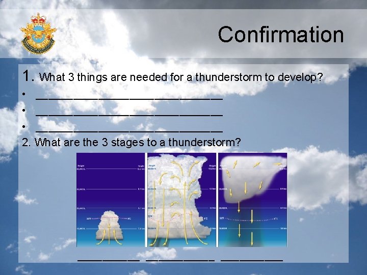Confirmation 1. What 3 things are needed for a thunderstorm to develop? • ______________________________ Confirmation 1. What 3 things are needed for a thunderstorm to develop? • ______________________________
