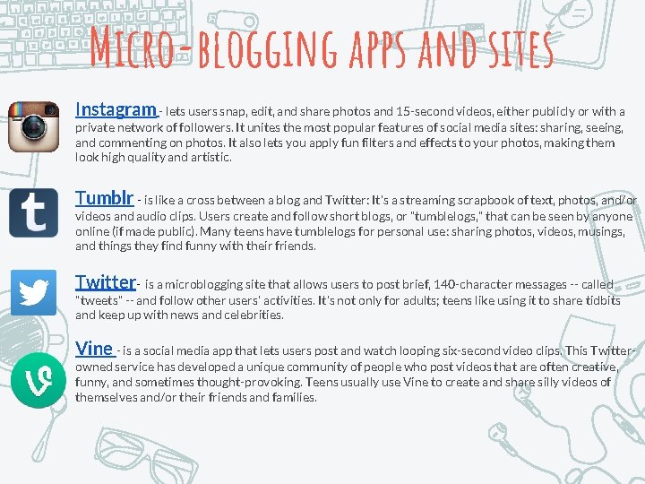 Micro-blogging apps and sites Instagram - lets users snap, edit, and share photos and