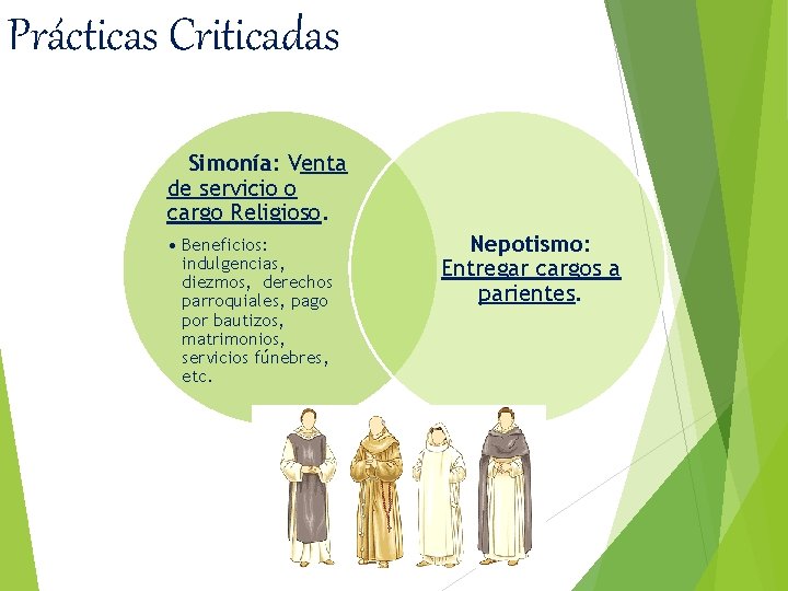 Prácticas Criticadas Simonía: Venta de servicio o cargo Religioso. • Beneficios: indulgencias, diezmos, derechos