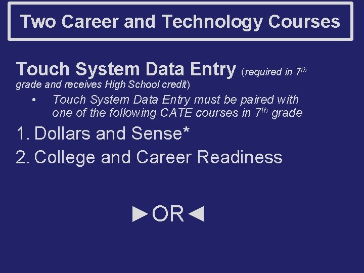 Two Career and Technology Courses Touch System Data Entry (required in 7 th grade