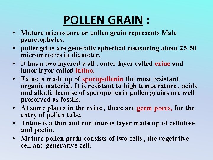 POLLEN GRAIN : • Mature microspore or pollen grain represents Male gametophytes. • pollengrins