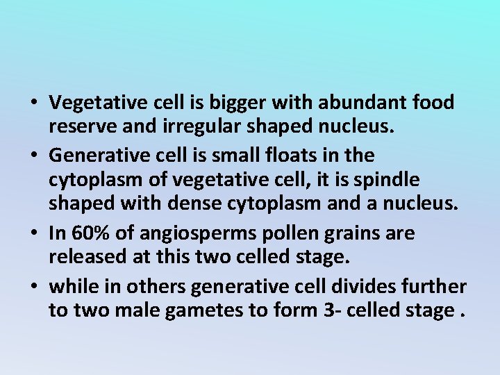  • Vegetative cell is bigger with abundant food reserve and irregular shaped nucleus.